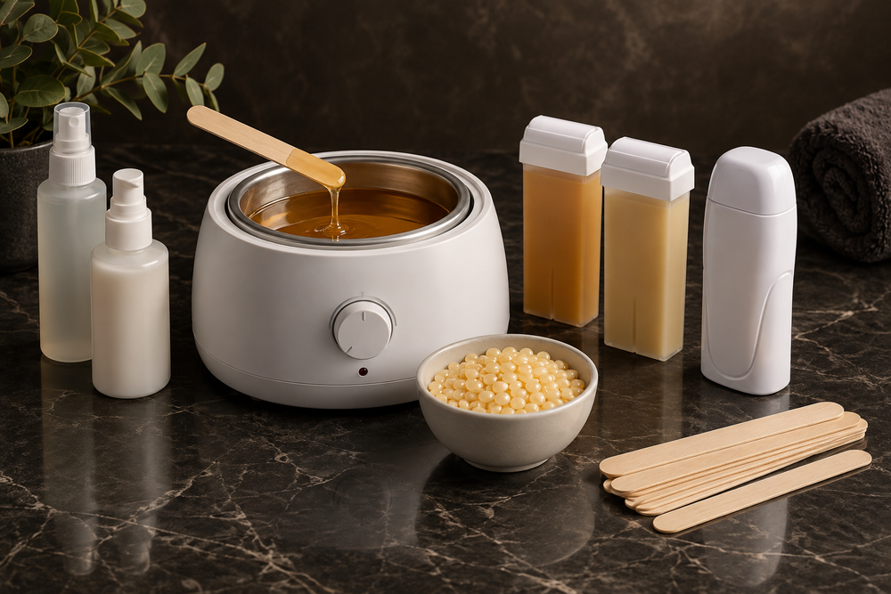 Wax warmer, hard wax beads, roll-on cartridges and pre- and post-wax care on dark marble