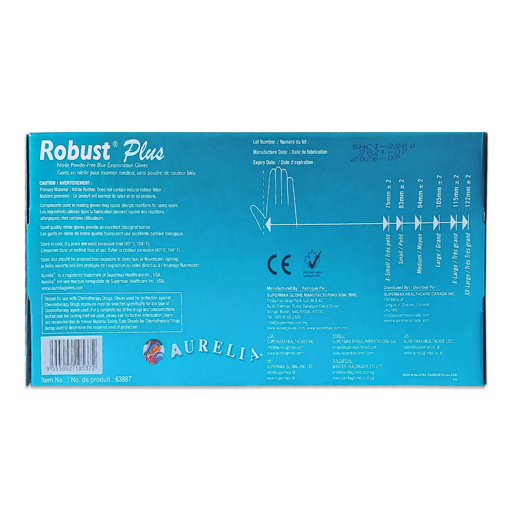 Gants en nitrile sans poudre Aurelia Robust Plus, bleus, 100 unités, taille M, réf. 63887