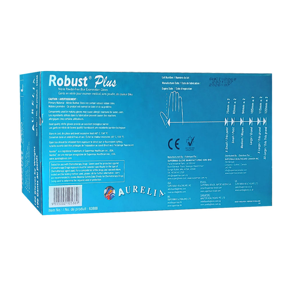 Gants en nitrile sans poudre Aurelia Robust Plus, bleus, paquet de 100, grande taille 63888