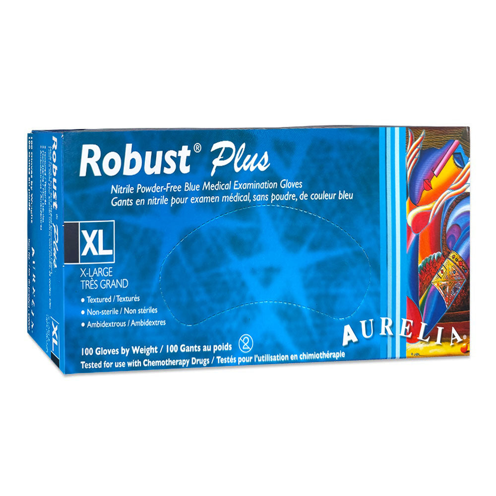 Gants bleus en nitrile non poudrés Aurelia Robust Plus, boîte de 100, TG, 63889