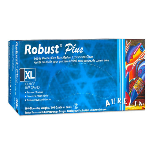 Gants bleus en nitrile non poudrés Aurelia Robust Plus, boîte de 100, TG, 63889