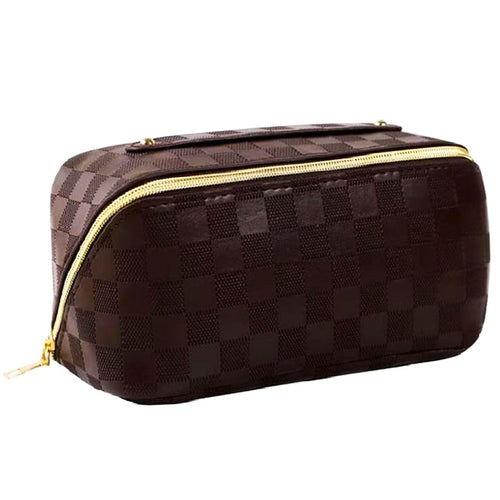 Trousse de maquillage à carreaux en cuir végétalien | MARRON 25928