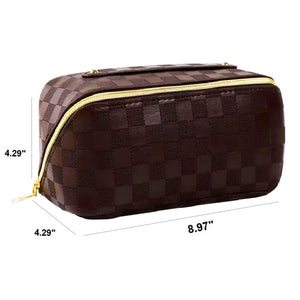 Trousse de maquillage à carreaux en cuir végétalien | MARRON 25928