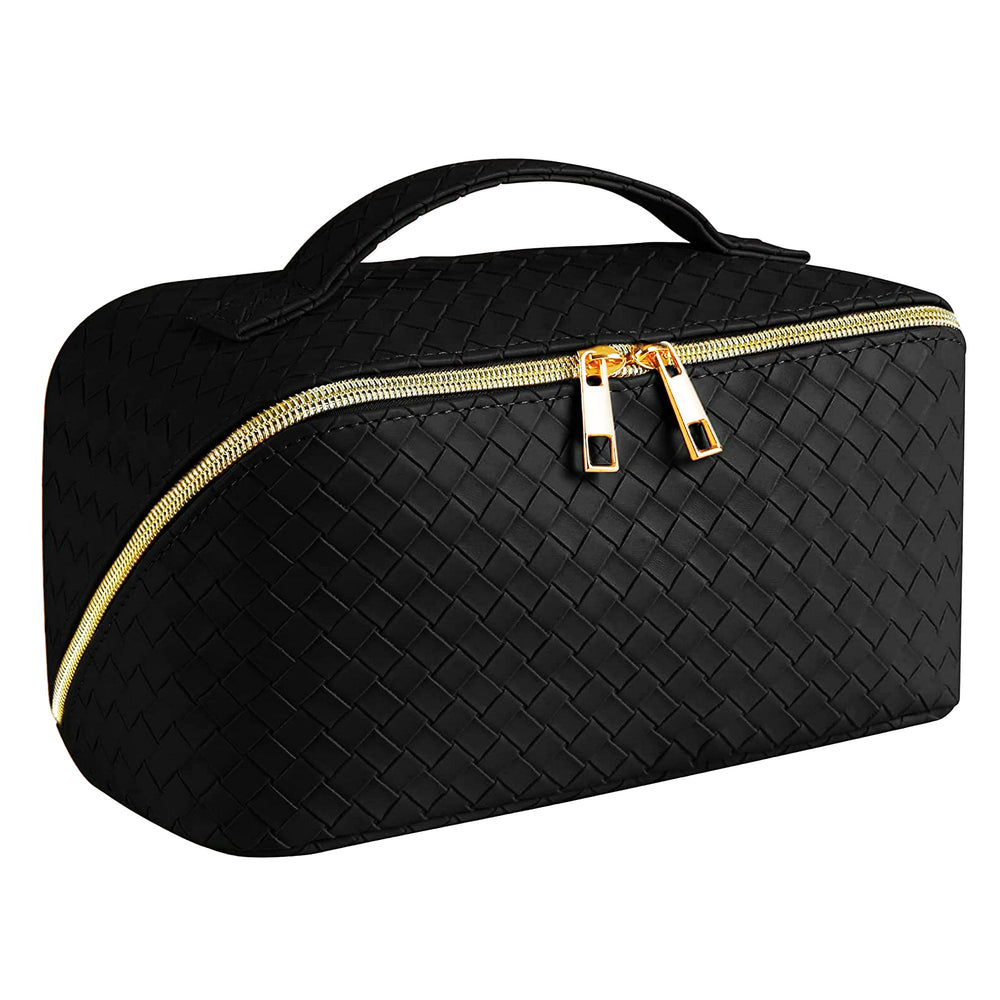 Trousse de toilette et maquillage de voyage en cuir végétalien tissé | NOIR 69084