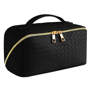 Trousse de toilette et maquillage de voyage en cuir végétalien tissé | NOIR 69084
