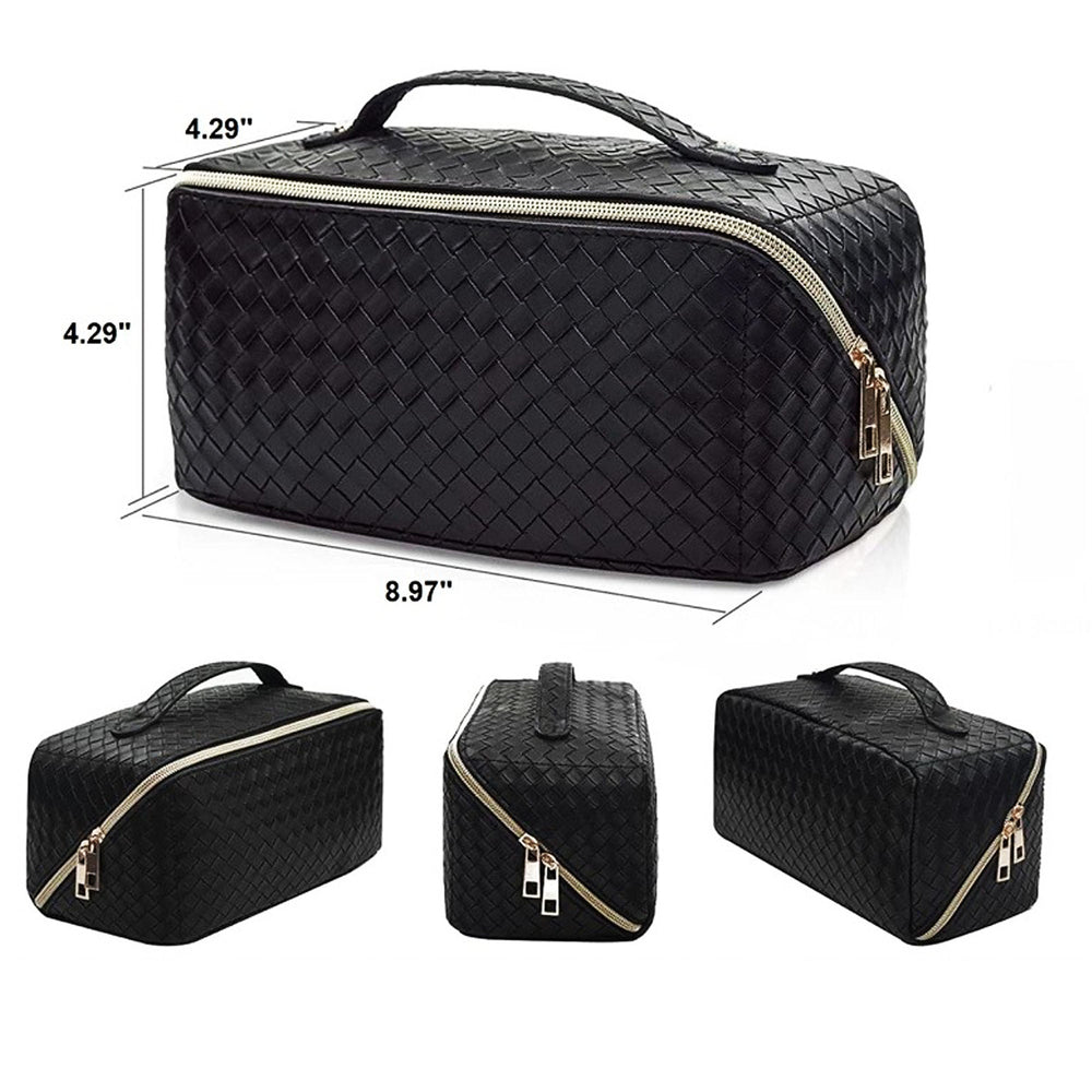 Trousse de toilette et maquillage de voyage en cuir végétalien tissé | NOIR 69084