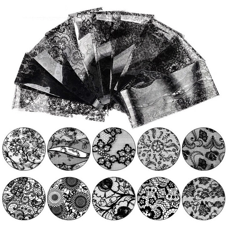 Feuilles de transfert pour Nail Art Motif dentelle fleur noir 2771-BK
