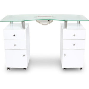 J&A Nail Table White Frosted Glass Top With Draft Fan 3 pcs