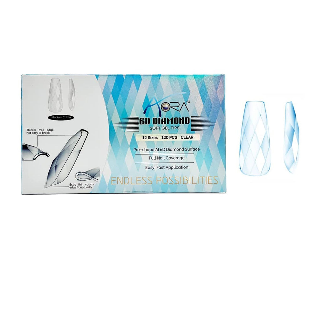 Aora 6D Diamond Soft Gel Tips Transparentes Cercueil Moyen 120pcs