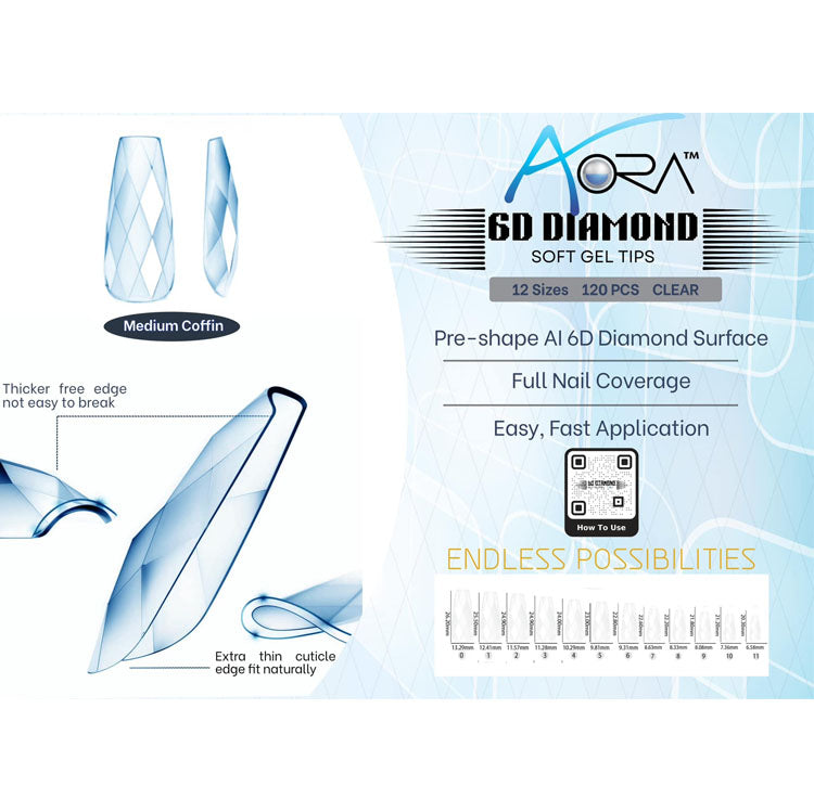 Aora 6D Diamond Soft Gel Tips Transparentes Cercueil Moyen 120pcs