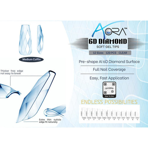 Aora 6D Diamond Soft Gel Tips Transparentes Cercueil Moyen 120pcs