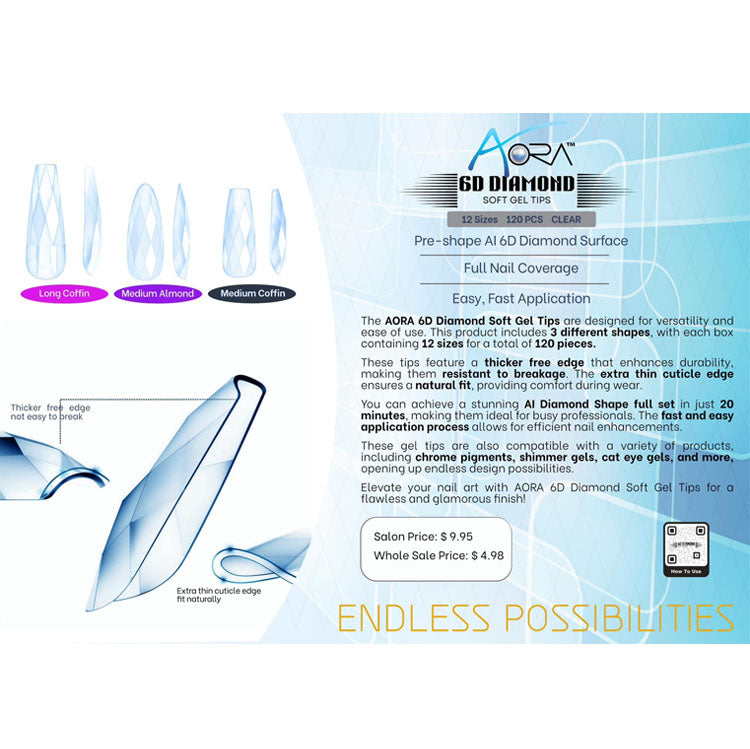 Aora 6D Diamond Soft Gel Tips Transparentes Cercueil Moyen 120pcs