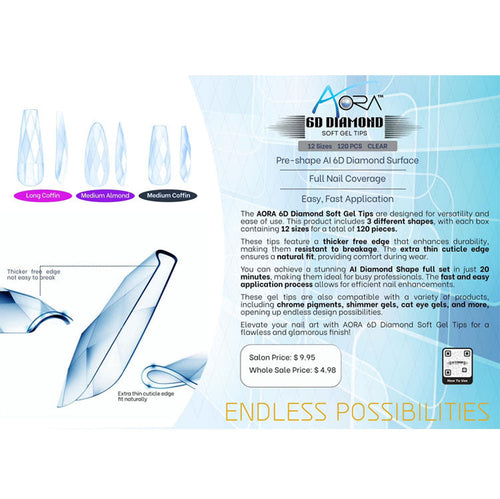 Aora 6D Diamond Soft Gel Tips Transparentes Cercueil Moyen 120pcs