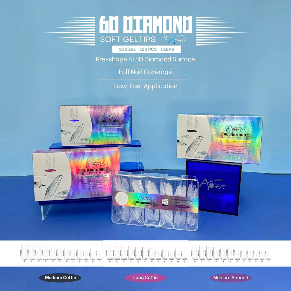 Aora 6D Diamond Soft Gel Tips Transparentes Cercueil Moyen 120pcs
