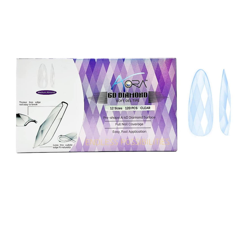 Aora 6D Diamond Soft Gel Tips Transparent Amande Moyenne 120pcs