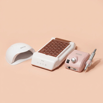 Equipment: a group of salon products on a light peach pink background