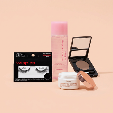Lashes & Brows: a group of salon products on a light peach pink background