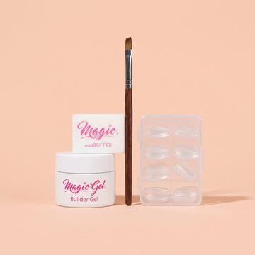 Nail Supplies: a group of salon products on a light peach pink background