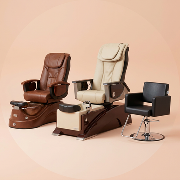 Salon Chairs: a group of salon products on a light peach pink background