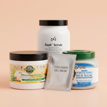 Skin Care: a group of salon products on a light peach pink background