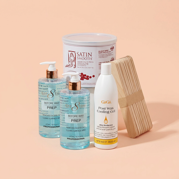 Waxing: a group of salon products on a light peach pink background